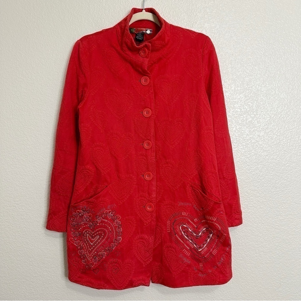 Desigual Red Heart Embroidered Jacquard Long Sleeves Peacoat, Sz Medium
